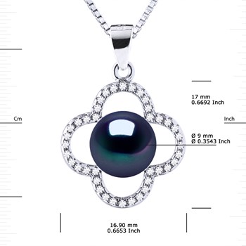Collier TREFLE Perle d'Eau Douce 9-10 mm Noire Argent 925