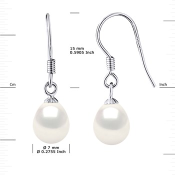 Crochets d'Oreilles Perles d'Eau Douce Poires 7-8 mm Blanches Argent 925