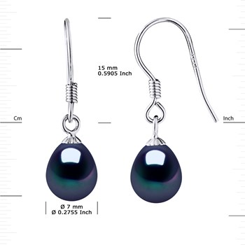 Crochets d'Oreilles Perles d'Eau Douce Poires 7-8 mm Noires Argent 925