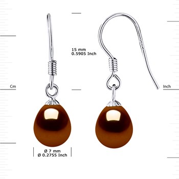 Crochets d'Oreilles Perles d'Eau Douce Poires 7-8 mm Chocolat Argent 925