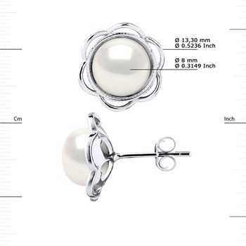 Clous d'Oreilles FLEUR Perles d'Eau Douce Boutons 8-9 mm Blanches Argent 925