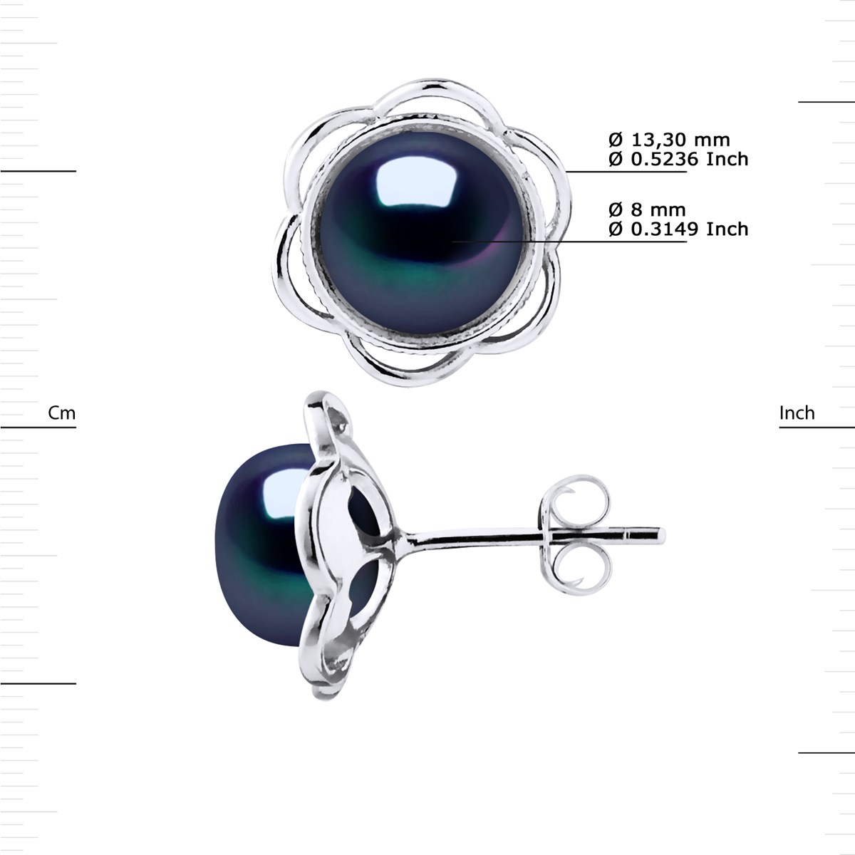 Clous d'Oreilles FLEUR Perles d'Eau Douce Boutons 8-9 mm Noires Argent 925 - vue 3