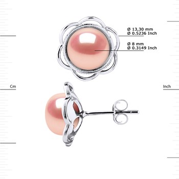 Clous d'Oreilles FLEUR Perles d'Eau Douce Boutons 8-9 mm Roses Argent 925