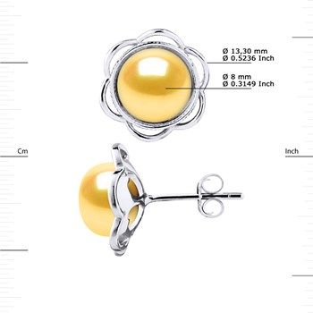 Clous d'Oreilles FLEUR Perles d'Eau Douce Boutons 8-9 mm Dorées Argent 925