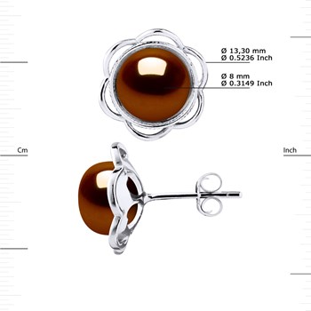 Clous d'Oreilles FLEUR Perles d'Eau Douce Boutons 8-9 mm Chocolat Argent 925