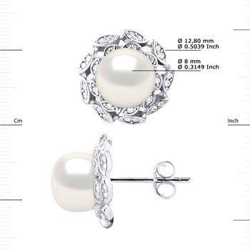 Clous d'Oreilles FLEUR Perles d'Eau Douce Boutons 8-9 mm Blanches Joaillerie Argent 925