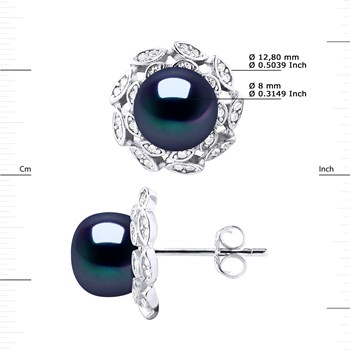 Clous d'Oreilles FLEUR Perles d'Eau Douce Boutons 8-9 mm Noires Joaillerie Argent 925