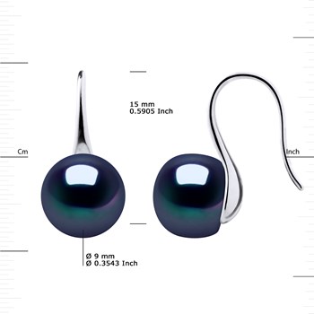 Crochets d'Oreilles Perles d'Eau Douce Boutons 9-10 mm Noires Argent 925