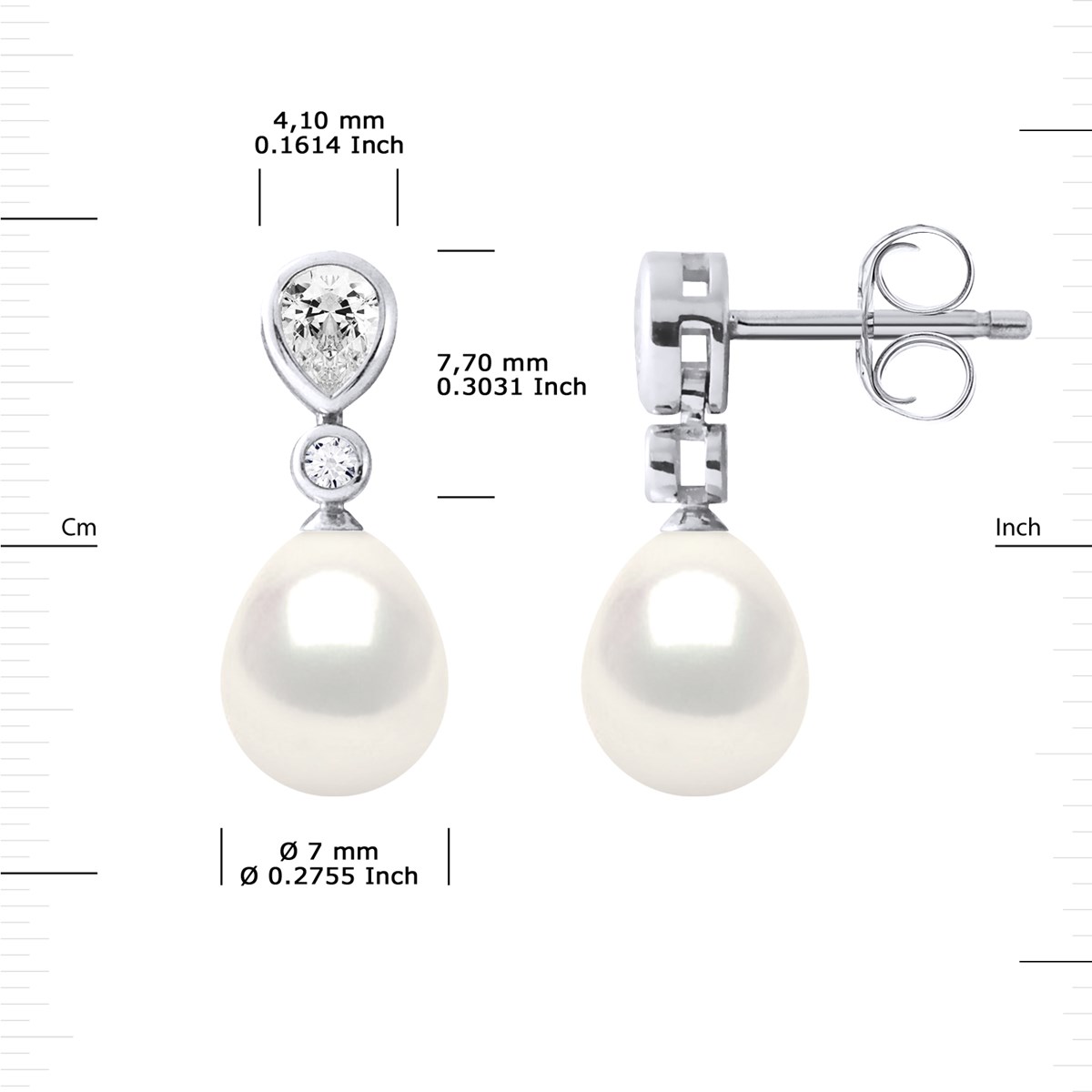 Pendants d'Oreilles Joaillerie Perles d'Eau Douce Poires 7-8 mm Blanches Argent 925 - vue 3
