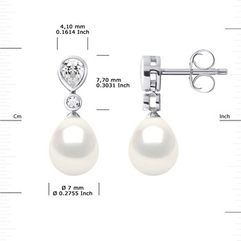 Pendants d'Oreilles Joaillerie Perles d'Eau Douce Poires 7-8 mm Blanches Argent 925