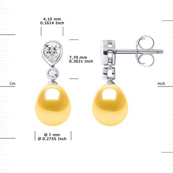 Pendants d'Oreilles Joaillerie Perles d'Eau Douce Poires 7-8 mm Dorées Argent 925