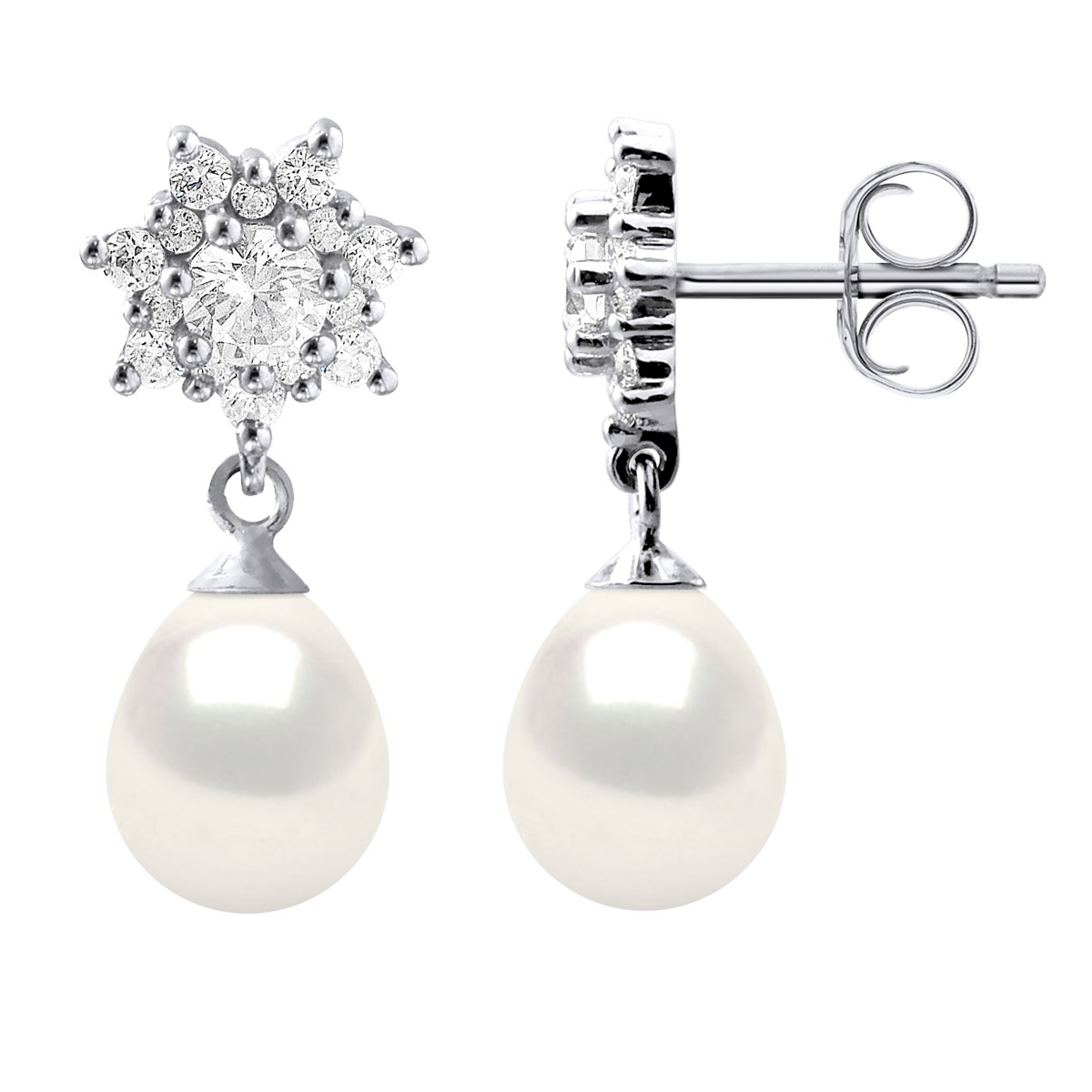 Boucles d'Oreilles Pendantes Perles d'Eau Douce Poires 7-8 mm Blanches Joaillerie Argent 925