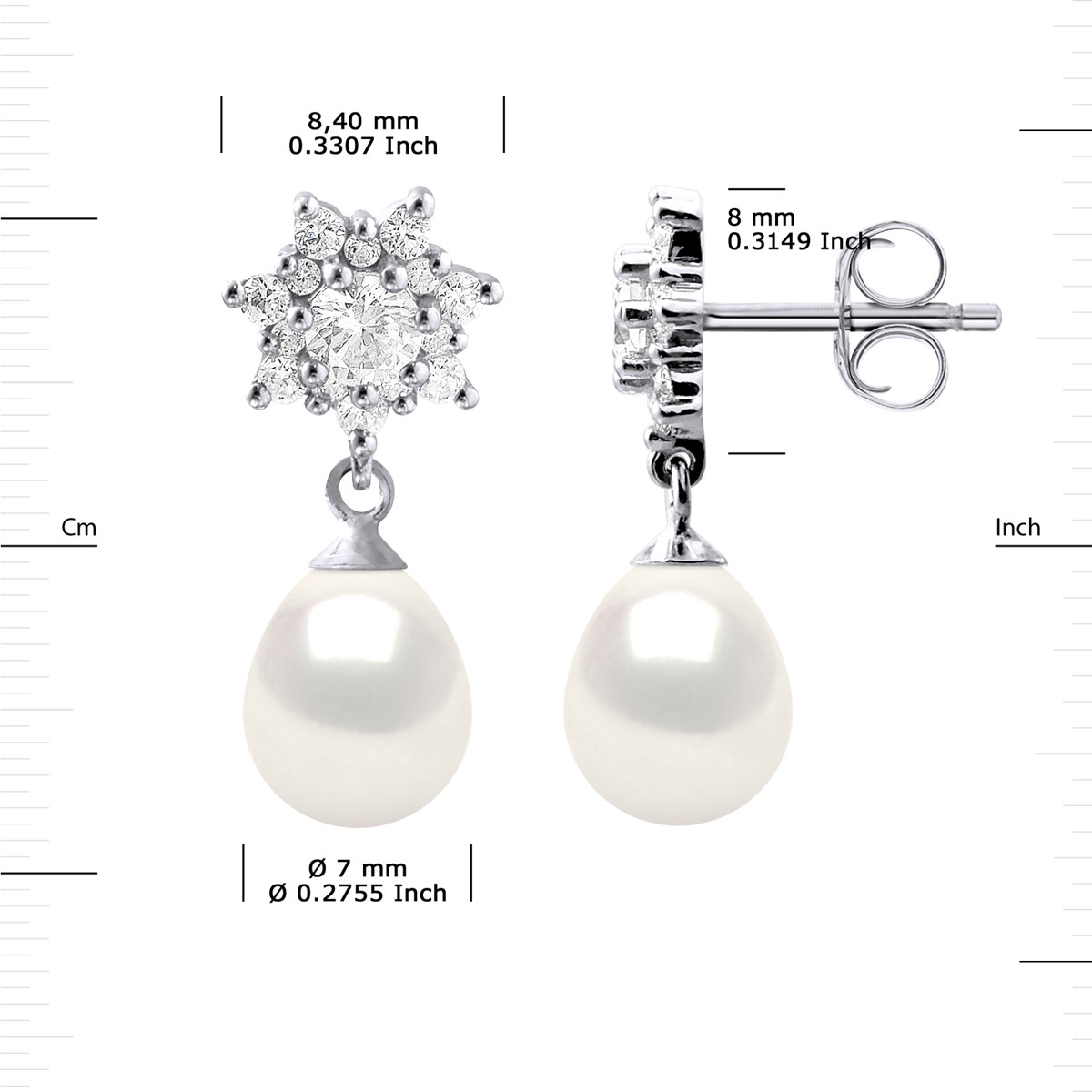 Boucles d'Oreilles Pendantes Perles d'Eau Douce Poires 7-8 mm Blanches Joaillerie Argent 925 - vue 3