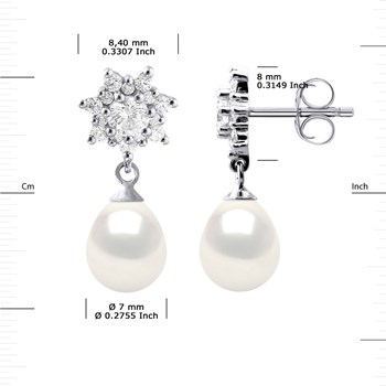 Boucles d'Oreilles Pendantes Perles d'Eau Douce Poires 7-8 mm Blanches Joaillerie Argent 925