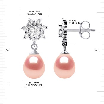 Boucles d'Oreilles Pendantes Perles d'Eau Douce Poires 7-8 mm Roses Joaillerie Argent 925