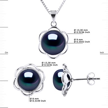 Parure Collier & Boucles d'Oreilles PETALES Perles d'Eau Douce 8-9 mm Noires Argent 925