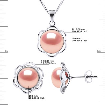 Parure Collier & Boucles d'Oreilles PETALES Perles d'Eau Douce 8-9 mm Rose Naturel Argent 925