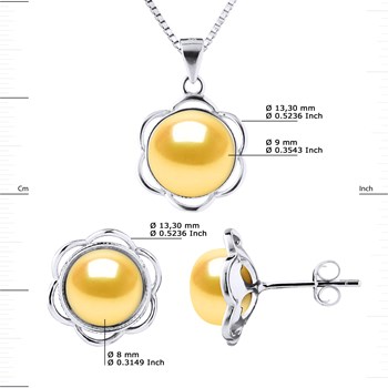 Parure Collier & Boucles d'Oreilles PETALES Perles d'Eau Douce 8-9 mm Dorées Argent 925