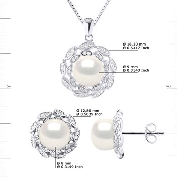 Parure Collier & Boucles d'Oreilles FLEUR Perles d'Eau Douce Blanches 9-10 mm Argent 925