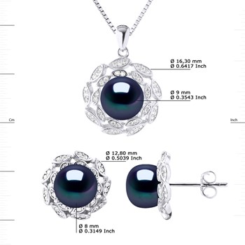 Parure Collier 9-10 mm & Boucles d'Oreilles FLEUR Perles d'Eau Douce 9-10 mm Noires Argent 925