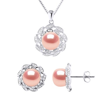 Parure Collier & Boucles d'Oreilles FLEUR Perles d'Eau Douce 9-10 mm Rose Naturel Argent 925