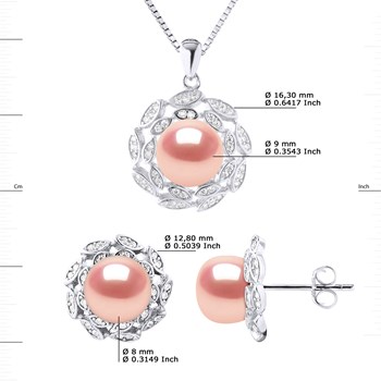 Parure Collier & Boucles d'Oreilles FLEUR Perles d'Eau Douce 9-10 mm Rose Naturel Argent 925