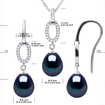 Set NORMANDY Necklace & Earrings Pendant Black Freshwater Pearls Silver 925