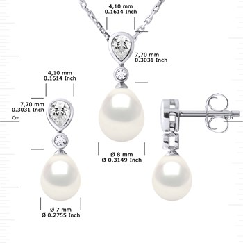 Parure CABOURG Collier & Boucles d'Oreilles Pendantes Perles d'Eau Douce Blanches Argent 925