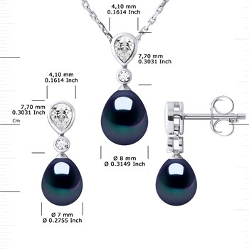 Parure CABOURG Collier & Boucles d'Oreilles Pendantes Perles d'Eau Douce Noires Argent 925