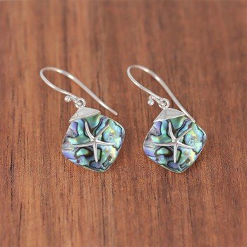 Boucles d'oreilles Etoile de Mer Nacre Abalone sertie Argent 925 rhodié