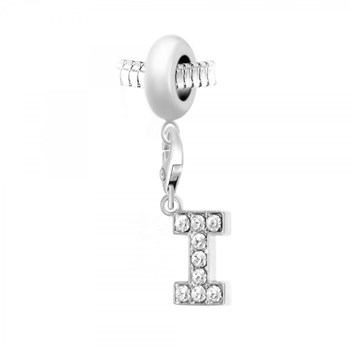 SC Crystal steel bead charm with letter I pendant adorned with sparkling crystals