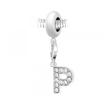 SC Crystal steel bead charm with letter P pendant adorned with sparkling crystals