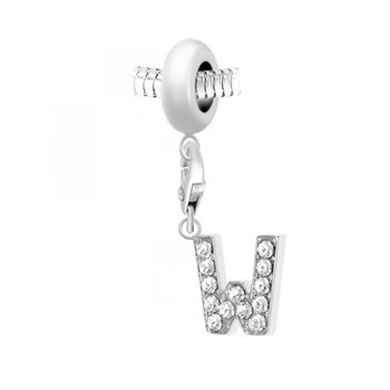 SC Crystal steel bead charm with letter W pendant adorned with sparkling crystals