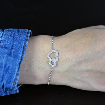 Bracelet 2 coeurs sertis d'oxydes de zirconium 2 tailles de coeurs Argent 925 Rhodié