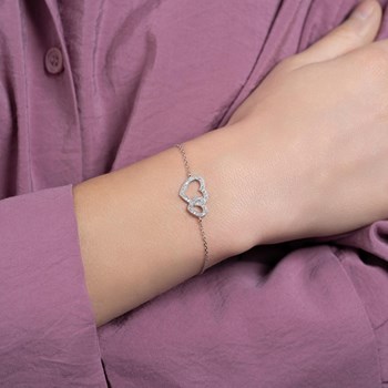 Bracelet 2 coeurs sertis d'oxydes de zirconium 2 tailles de coeurs Argent 925 Rhodié