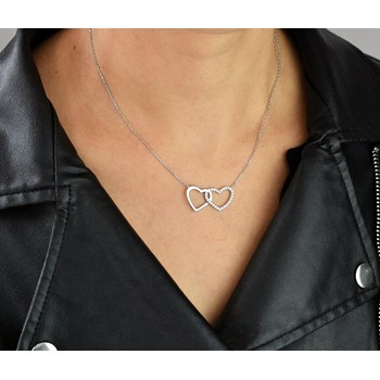 Necklace 2 zirconium oxide hearts entwined 925 Rhodium Silver