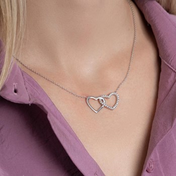Necklace 2 zirconium oxide hearts entwined 925 Rhodium Silver