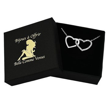 Necklace 2 zirconium oxide hearts entwined 925 Rhodium Silver