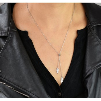 Necklace 2 feathers adjustable sliding ring Silver 925 Rhodium plated