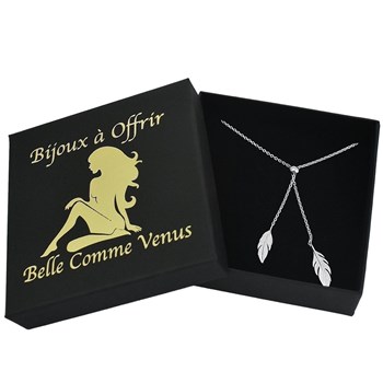 Necklace 2 feathers adjustable sliding ring Silver 925 Rhodium plated