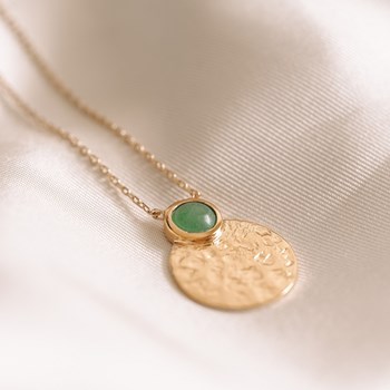 Collier Fin Plaqué Or Tendance Medaillon Martelé Pierre Precieuse Fine Aventurine