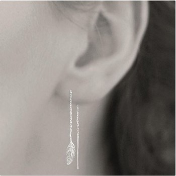 925 Rhodium Silver chain earrings with falling feather