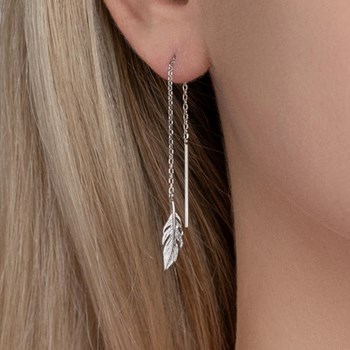 925 Rhodium Silver chain earrings with falling feather