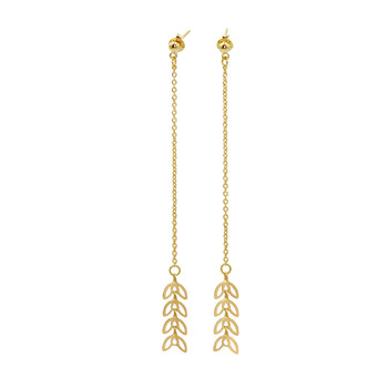 Boucles d'oreilles pendantes  chaîne feuille de laurier  doré à l 'or fin