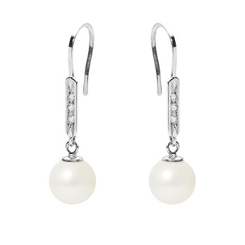 Boucles d'Oreilles Femme Pendantes Perles de Culture Blanches, Diamants et Or Blanc 750/1000
