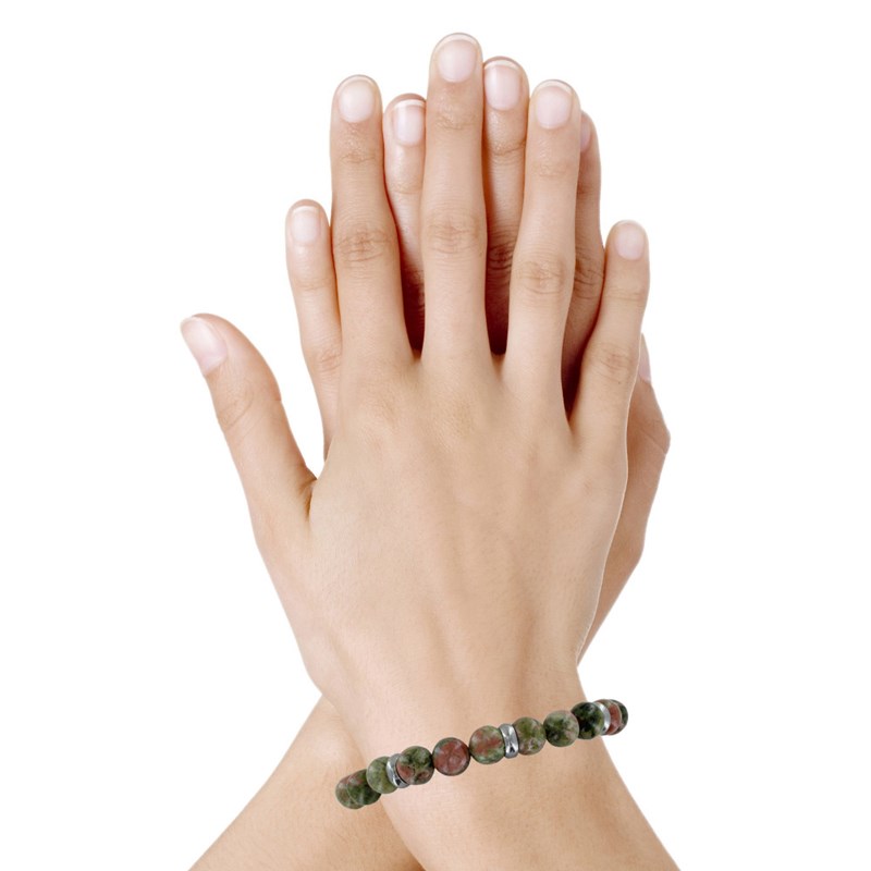 Bracelet Elastique Anneau Acier et Perles Unakite - vue 2