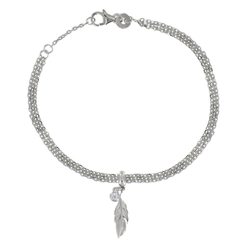 Bracelet Argent 925 Rhodié Triple Chaines Plume et Strass