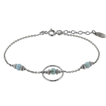 Bracelet Argent 925 Rhodié Anneau Ciselé Trois Petites Perles de Larimar Facettées et Anneaux Zébrés