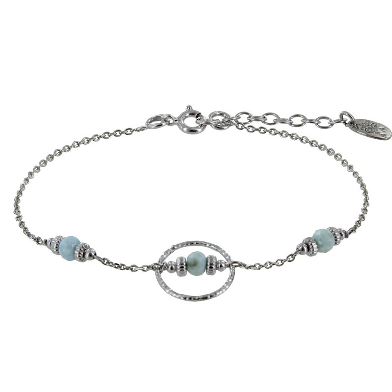 Bracelet Argent 925 Rhodié Anneau Ciselé Trois Petites Perles de Larimar Facettées et Anneaux Zébrés
