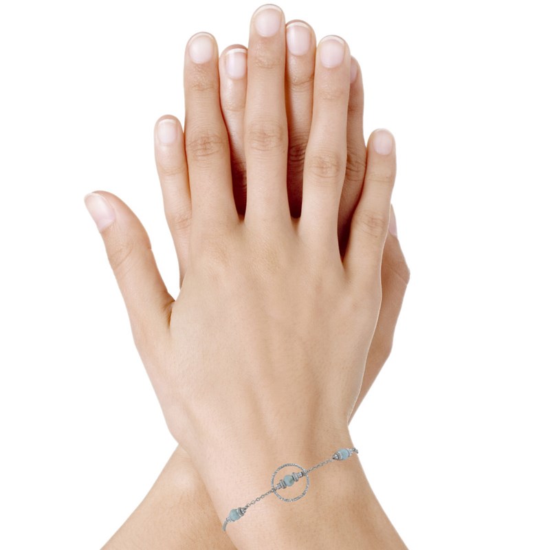 Bracelet Argent 925 Rhodié Anneau Ciselé Trois Petites Perles de Larimar Facettées et Anneaux Zébrés - vue 2